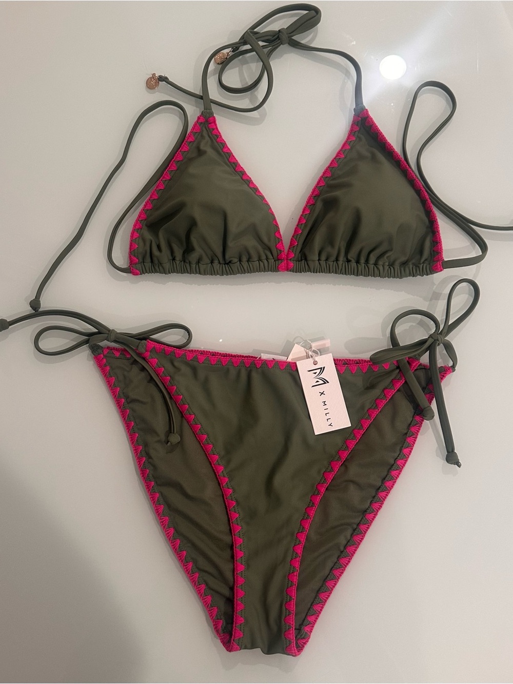 MIlly Olive Green & Neon Pink Tie Side Triangle Bikini Set Retail $196. Sz M